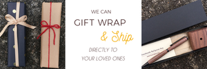 We can gift wrap and ship directly to you loved ones. Two gift wrapped boxes on the left, text in the middle and a handmade pen box set by Fall Tree Woodshop.