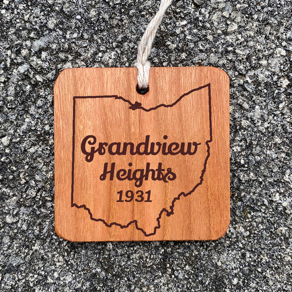 Wood Ornament laser engraved text Grandview Heights 1931 state of ohio outline.