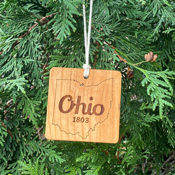 Ohio 1803 wood ornament on pine tree