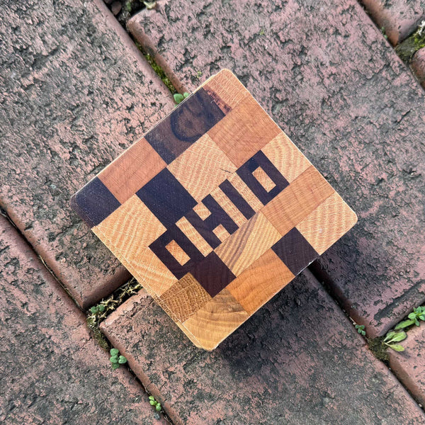 Handmade Coasters OHIO hand cut letters set in various woods, Set of Four