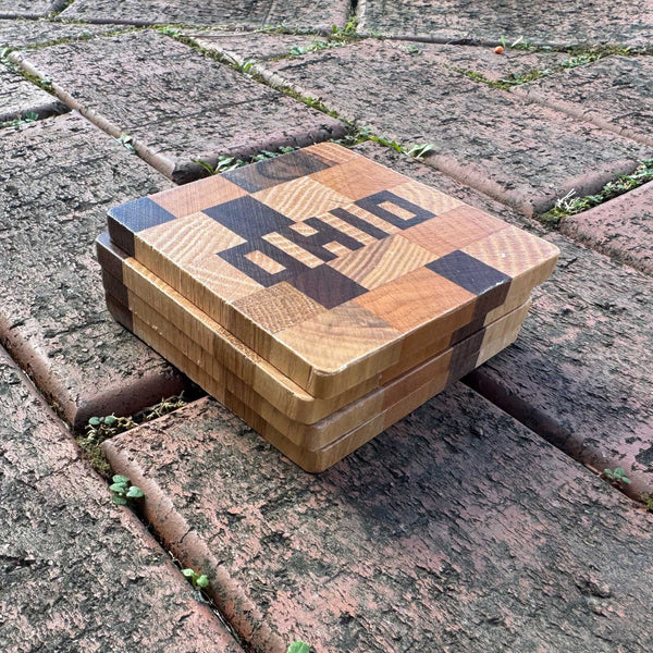 Handmade Coasters OHIO hand cut letters set in various woods, Set of Four