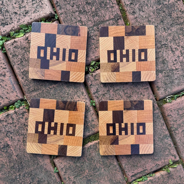 Handmade Coasters OHIO hand cut letters set in various woods, Set of Four