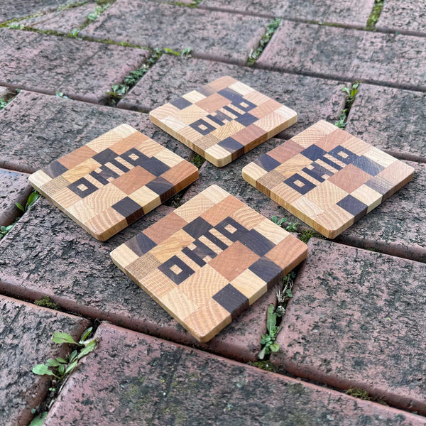 Handmade Coasters OHIO hand cut letters set in various woods, Set of Four