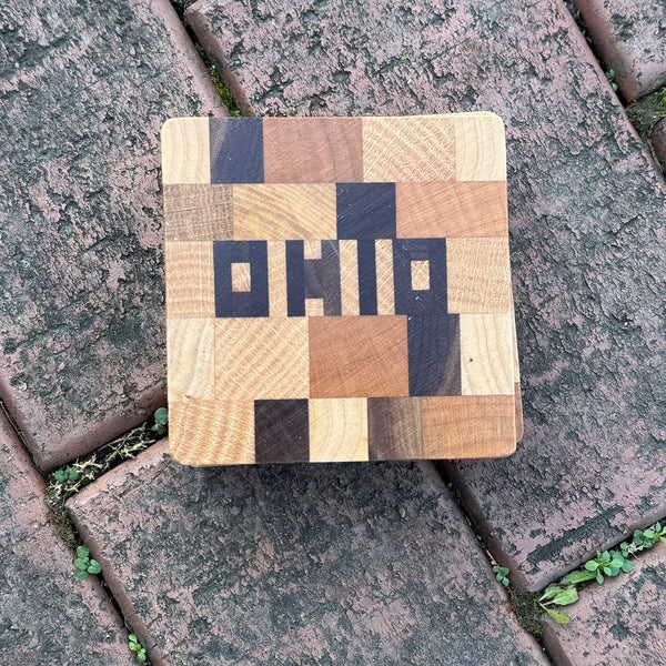 Handmade Coasters OHIO hand cut letters set in various woods, Set of Four
