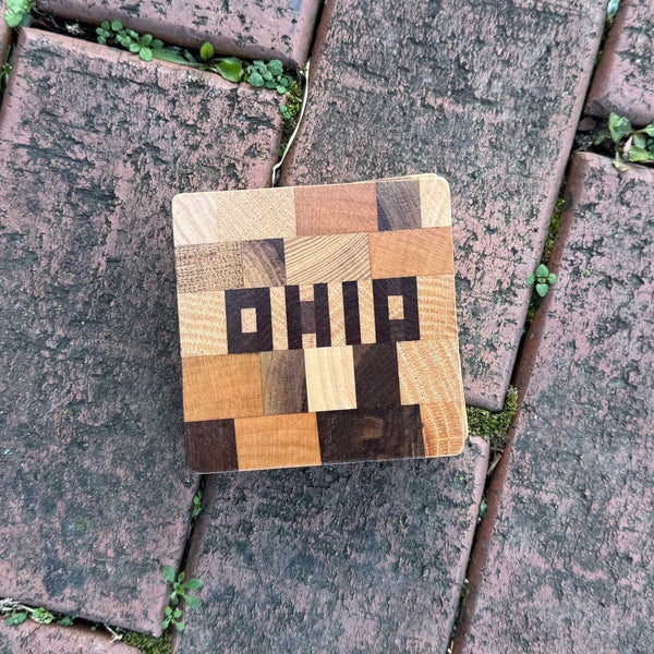 Handmade Coasters OHIO hand cut letters set in various woods, Set of Four