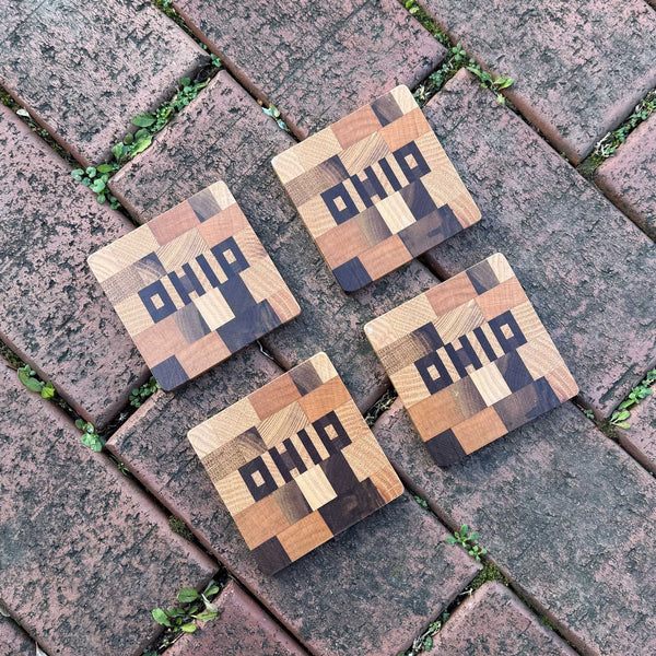 Handmade Coasters OHIO hand cut letters set in various woods, Set of Four