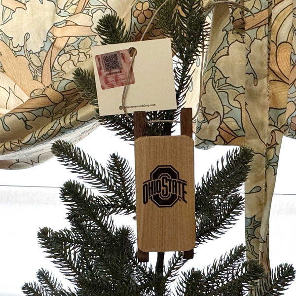 Wooden Sled Ornament with OSU Sport Logo Laser engraved on a Christmas Tree