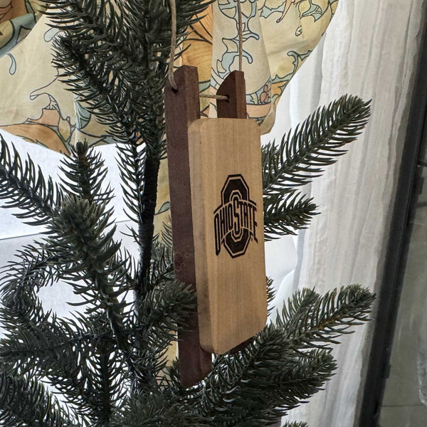 Wooden Sled Ornament with OSU Sport Logo Laser engraved on a Christmas Tree