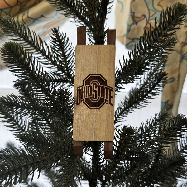 Wooden Sled Ornament with OSU Sport Ohio State Logo Laser engraved on a Christmas Tree
