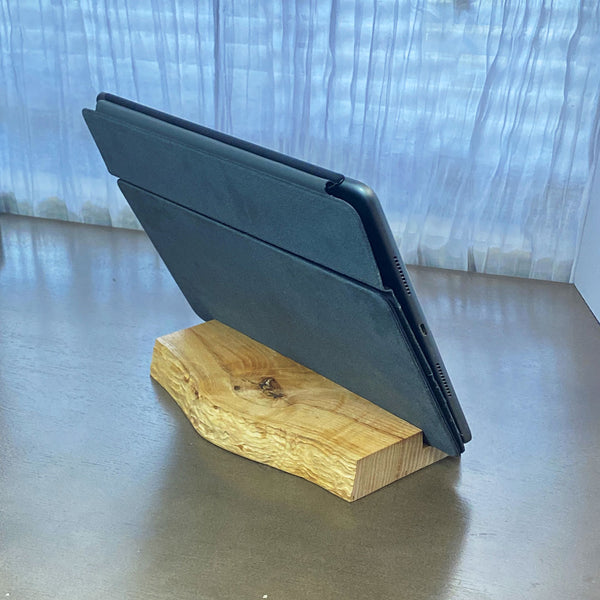 Wood tablet stand shown from back with ipad stand