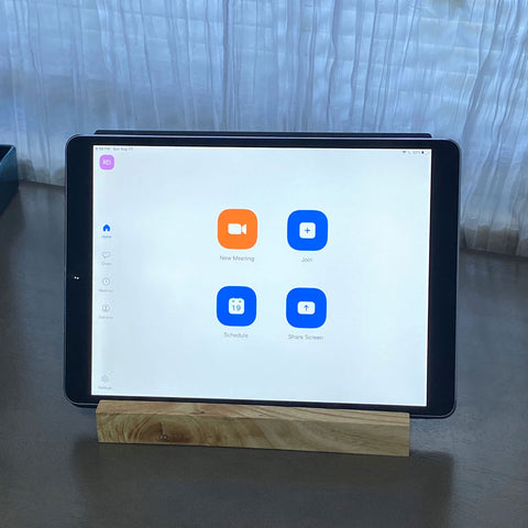 Small unique wood tablet stand with ipad in photo