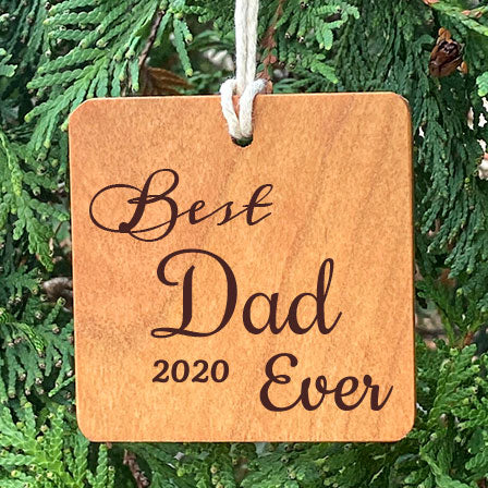 Best Dad Ever Ornament on a pine tree background.
