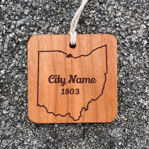 Wood Ornament laser engraved text City Name 1803 state of ohio outline.