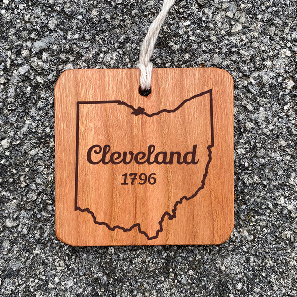 Wood Ornament laser engraved text Cleveland 1796 state of ohio outline.