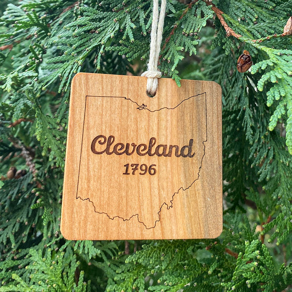Wood Ornament laser engraved text Cleveland 1796 state of ohio outline.