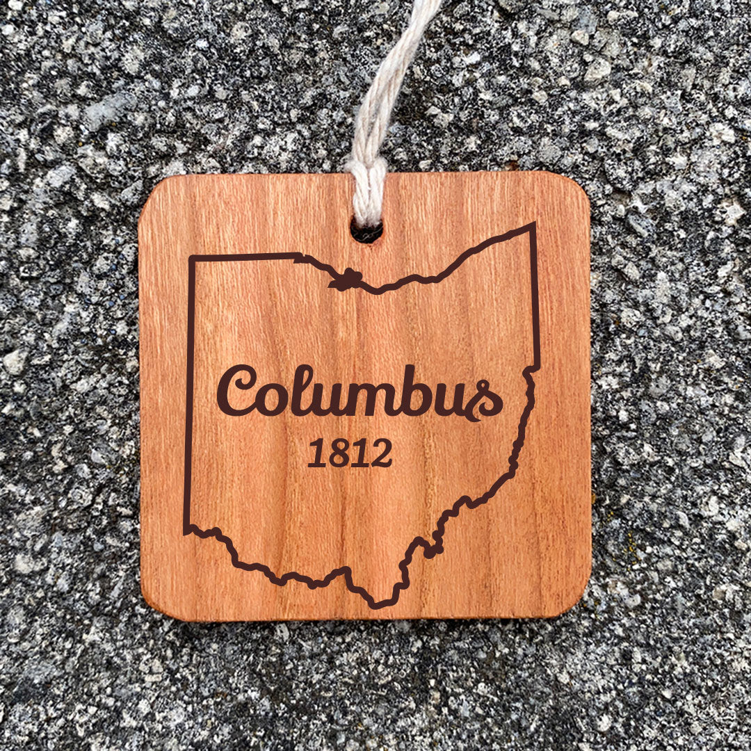 Wood Ornament laser engraved text Columbus 1812 state of ohio outline.