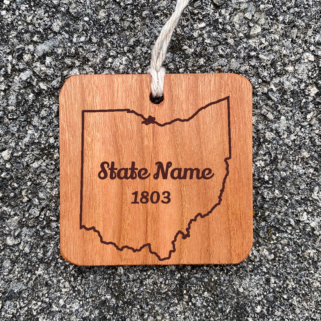 Wood Ornament laser engraved text State Name 1803 state of ohio outline.
