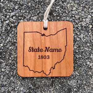 Wood Ornament laser engraved text State Name 1803 state of ohio outline.