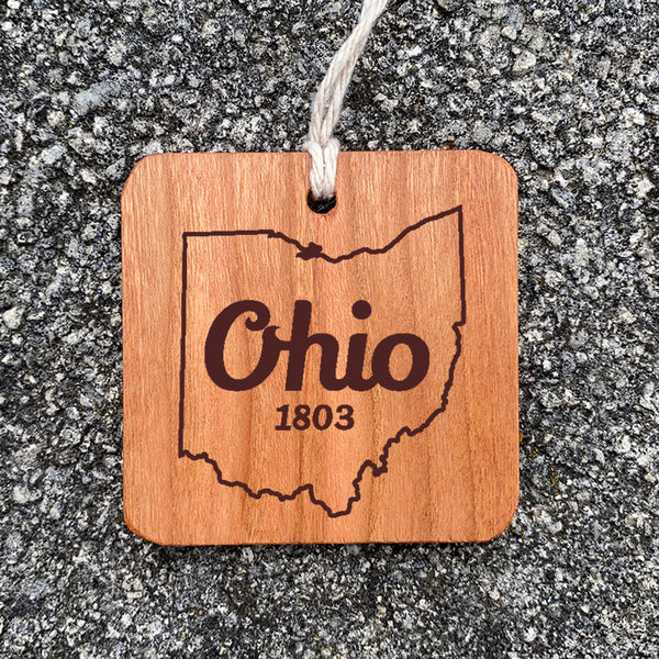 Wood Ornament laser engraved text Ohio 1803 state of ohio outline.