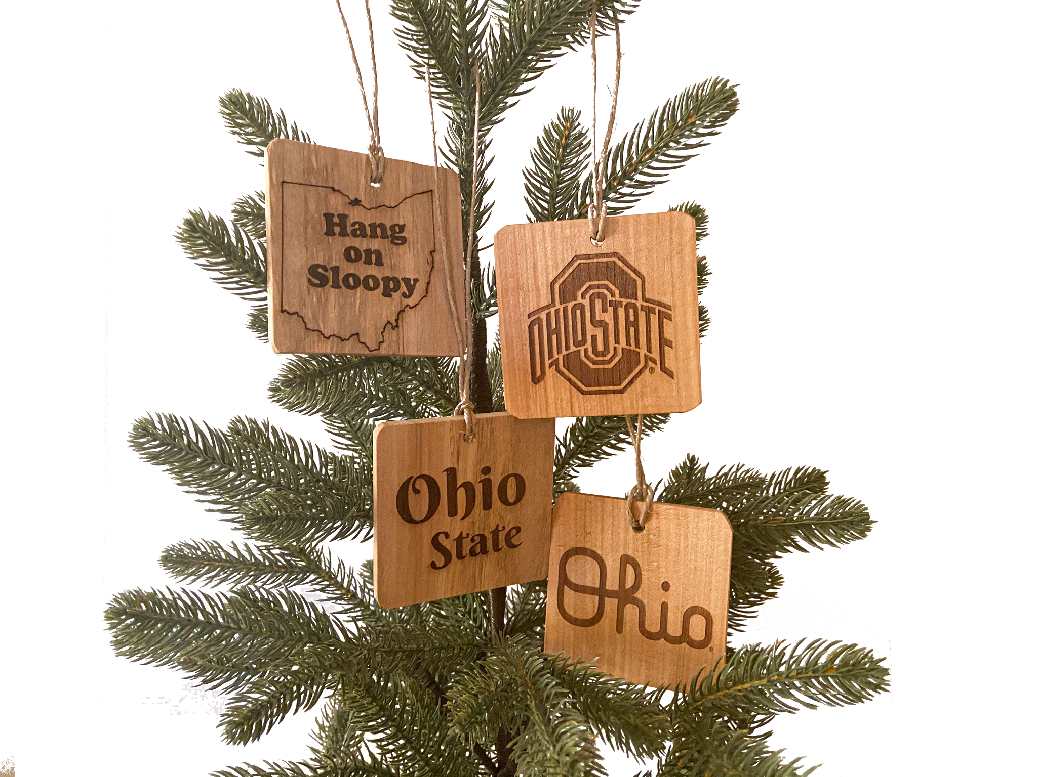 Four OSU Ohio State Ornaments - Fallen wood showing natural wood grain, laser engraved designs - 1 Hang on Sloopy text - to the right Ohio State sport logo - below - Script Ohio - below left Ohio State text - on pine tree background.