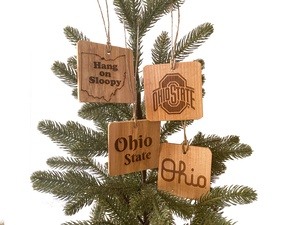 Four OSU Ohio State Ornaments - Fallen wood showing natural wood grain, laser engraved designs - 1 Hang on Sloopy text - to the right Ohio State sport logo - below - Script Ohio - below left Ohio State text - on pine tree background.