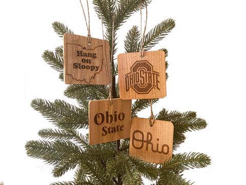 Four OSU Ohio State Ornaments - Fallen wood showing natural wood grain, laser engraved designs - 1 Hang on Sloopy text - to the right Ohio State sport logo - below - Script Ohio - below left Ohio State text - on pine tree background.