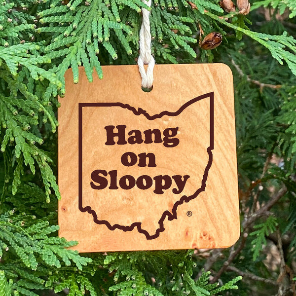 Hand cut natural wood ornament with laser engraved Hang On Sloopy text enclosed in an outline of the state of Ohio. Hanging in a lush pine tree.
