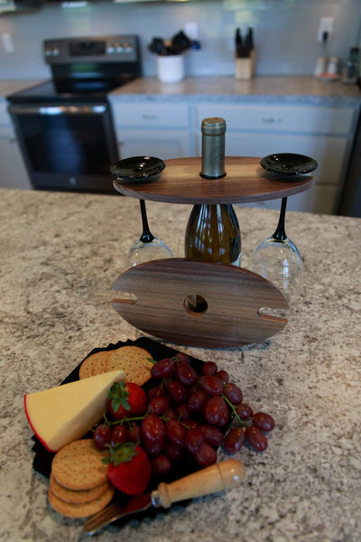 Wine & Glass Display with Coordinating Cheese Board in Walnut